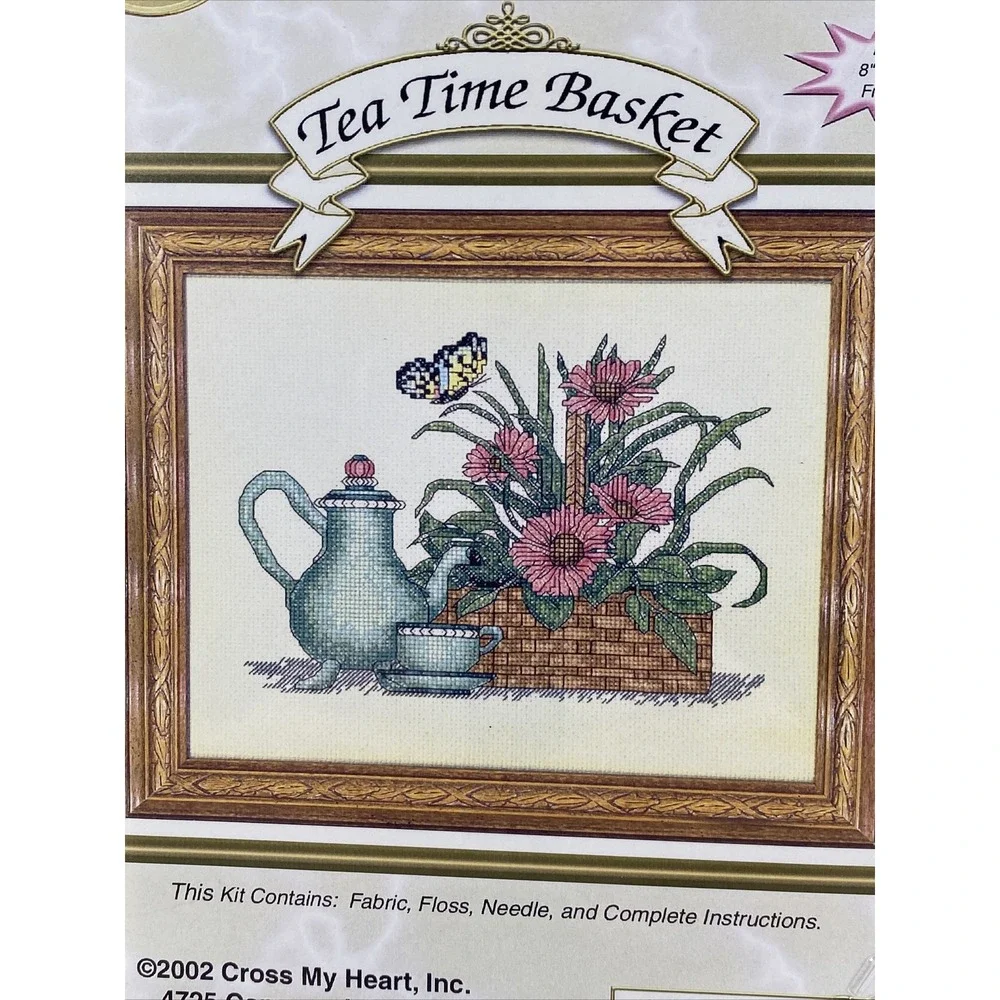 Cross My Heart Stitch 'N Go TEA TIME BASKET Cross Stitch Kit Floral Insect